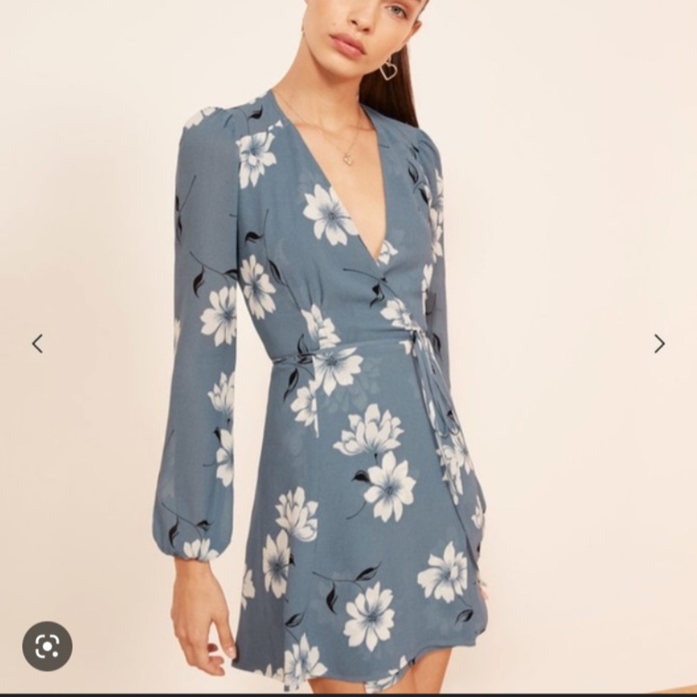 Reformation Blue Floral Wrap Mini Dress